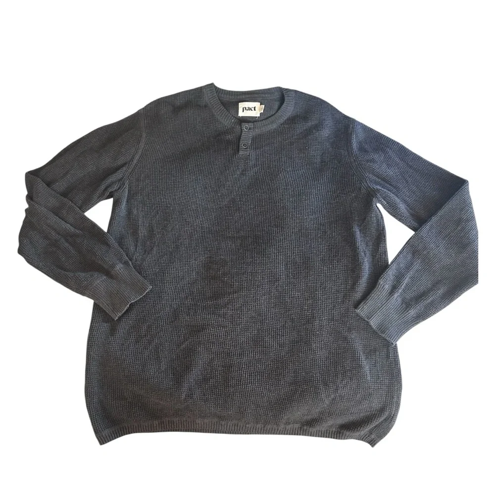 Pact Men’s Thermal Waffle Henley Sweater Charcoal Size L Organic Cotton